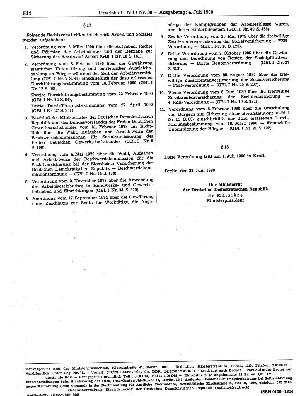 Gesetzblatt (GBl.) der Deutschen Demokratischen Republik (DDR) Teil Ⅰ 1990, Seite 514 (GBl. DDR Ⅰ 1990, S. 514)