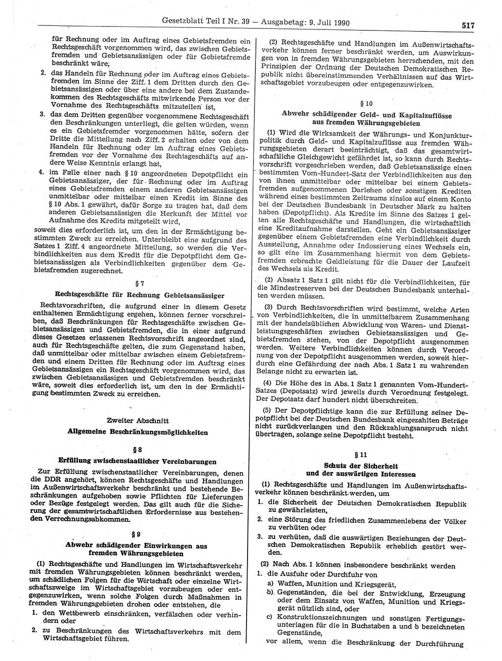 Gesetzblatt (GBl.) der Deutschen Demokratischen Republik (DDR) Teil Ⅰ 1990, Seite 517 (GBl. DDR Ⅰ 1990, S. 517)