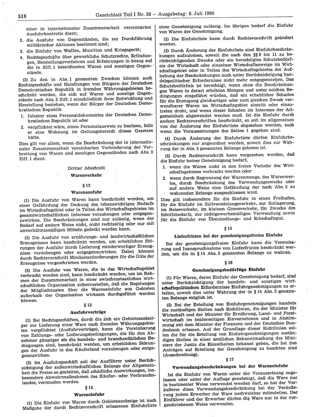 Gesetzblatt (GBl.) der Deutschen Demokratischen Republik (DDR) Teil Ⅰ 1990, Seite 518 (GBl. DDR Ⅰ 1990, S. 518)