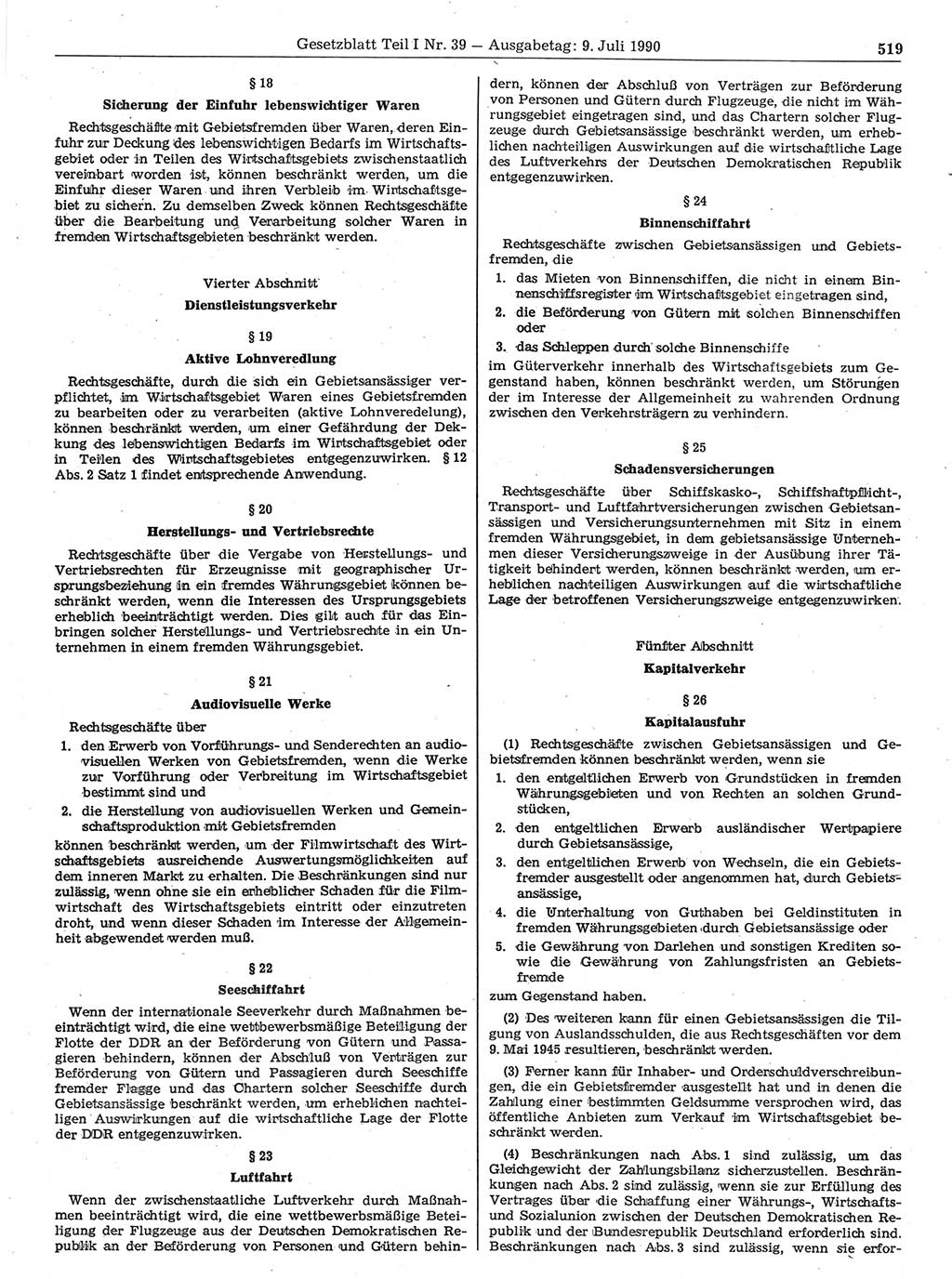 Gesetzblatt (GBl.) der Deutschen Demokratischen Republik (DDR) Teil Ⅰ 1990, Seite 519 (GBl. DDR Ⅰ 1990, S. 519)