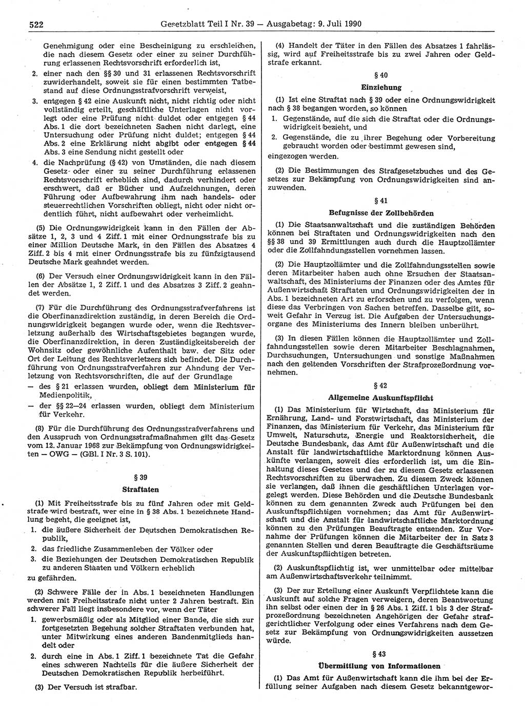 Gesetzblatt (GBl.) der Deutschen Demokratischen Republik (DDR) Teil Ⅰ 1990, Seite 522 (GBl. DDR Ⅰ 1990, S. 522)