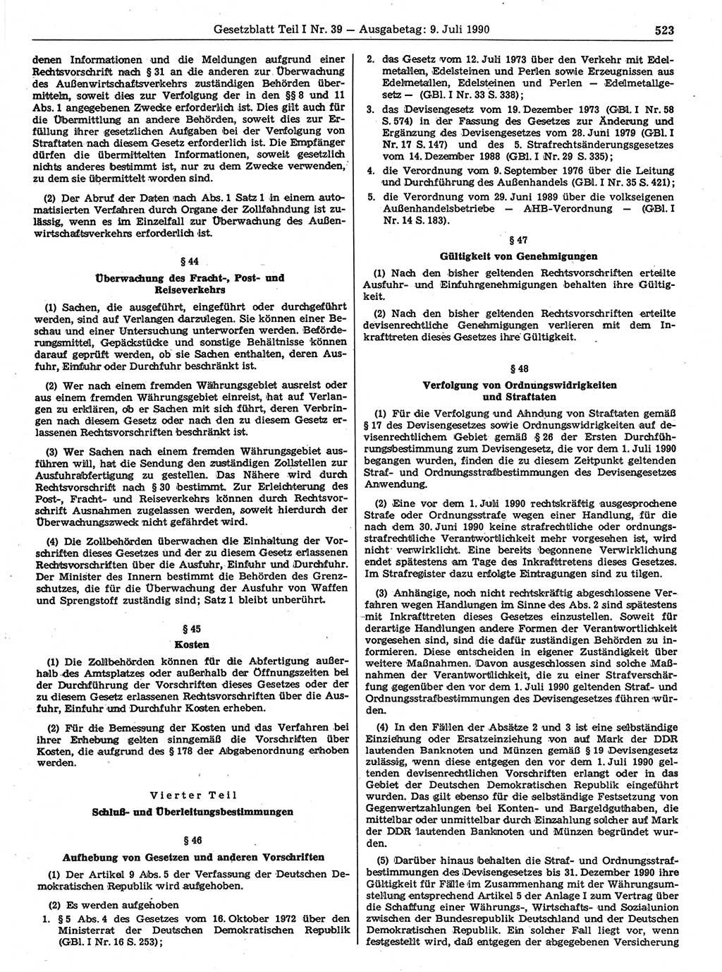 Gesetzblatt (GBl.) der Deutschen Demokratischen Republik (DDR) Teil Ⅰ 1990, Seite 523 (GBl. DDR Ⅰ 1990, S. 523)