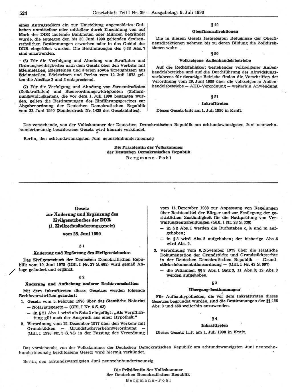 Gesetzblatt (GBl.) der Deutschen Demokratischen Republik (DDR) Teil Ⅰ 1990, Seite 524 (GBl. DDR Ⅰ 1990, S. 524)