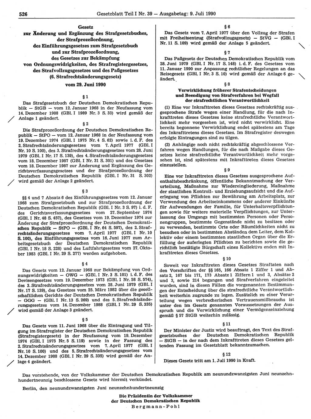 Gesetzblatt (GBl.) der Deutschen Demokratischen Republik (DDR) Teil Ⅰ 1990, Seite 526 (GBl. DDR Ⅰ 1990, S. 526)