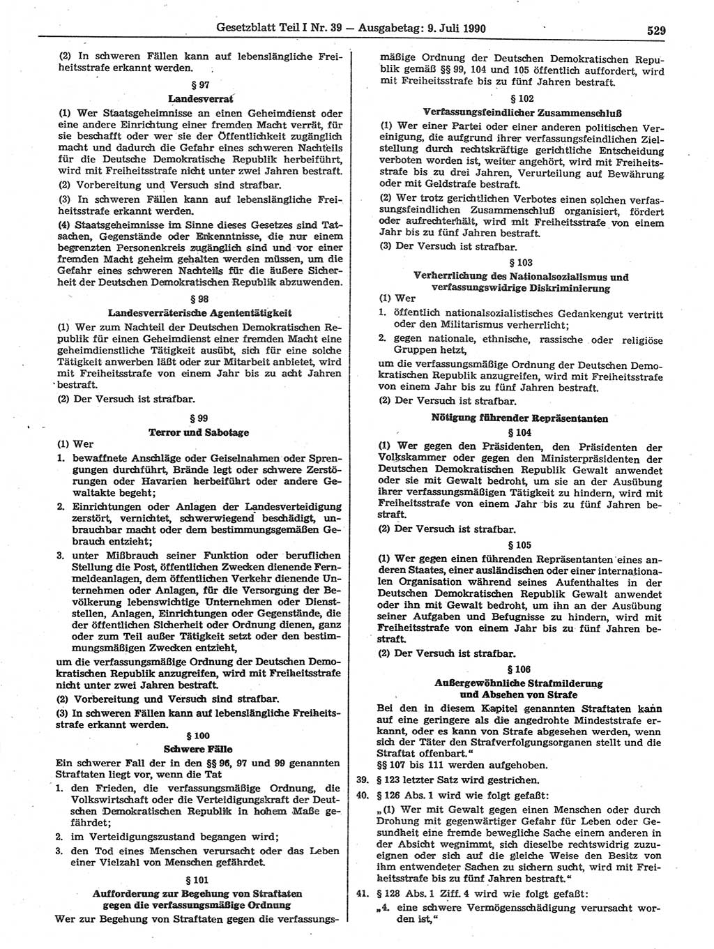 Gesetzblatt (GBl.) der Deutschen Demokratischen Republik (DDR) Teil Ⅰ 1990, Seite 529 (GBl. DDR Ⅰ 1990, S. 529)