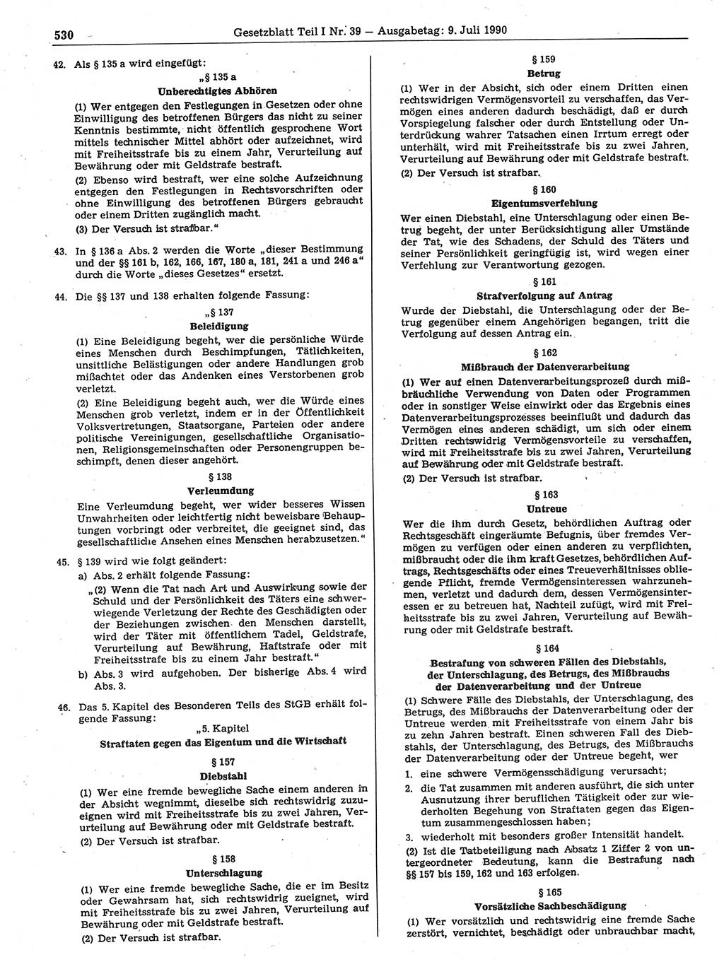 Gesetzblatt (GBl.) der Deutschen Demokratischen Republik (DDR) Teil Ⅰ 1990, Seite 530 (GBl. DDR Ⅰ 1990, S. 530)