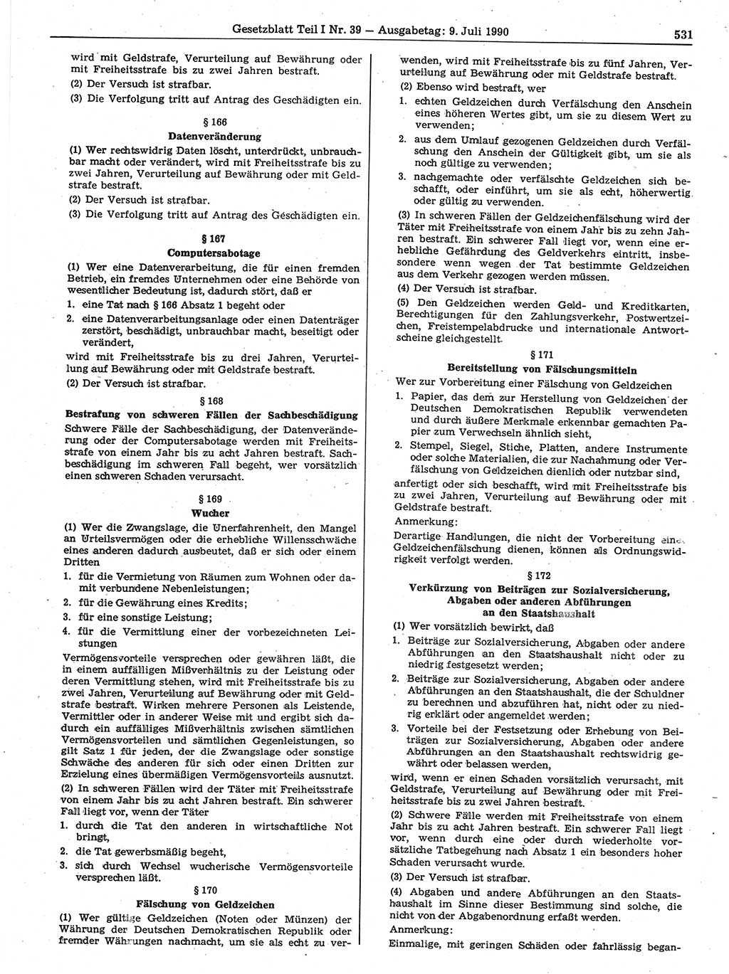 Gesetzblatt (GBl.) der Deutschen Demokratischen Republik (DDR) Teil Ⅰ 1990, Seite 531 (GBl. DDR Ⅰ 1990, S. 531)