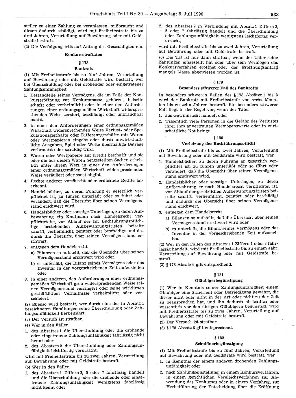 Gesetzblatt (GBl.) der Deutschen Demokratischen Republik (DDR) Teil Ⅰ 1990, Seite 533 (GBl. DDR Ⅰ 1990, S. 533)
