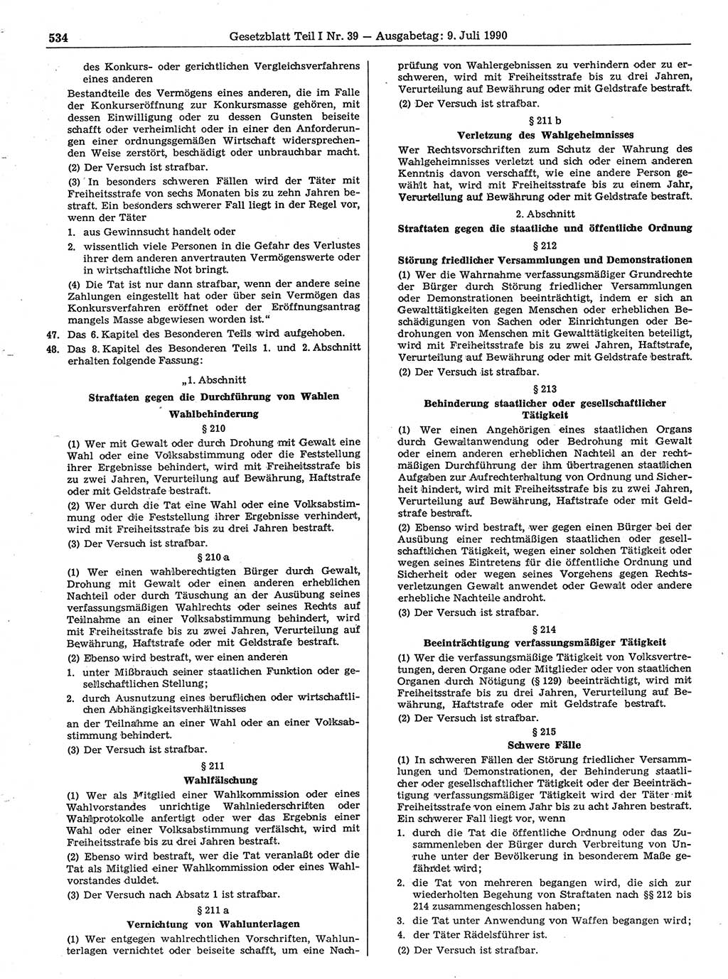 Gesetzblatt (GBl.) der Deutschen Demokratischen Republik (DDR) Teil Ⅰ 1990, Seite 534 (GBl. DDR Ⅰ 1990, S. 534)