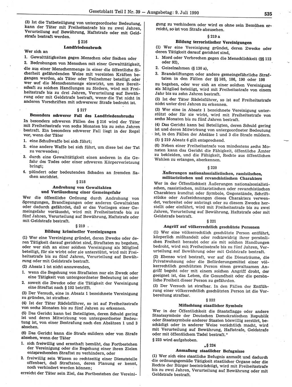 Gesetzblatt (GBl.) der Deutschen Demokratischen Republik (DDR) Teil Ⅰ 1990, Seite 535 (GBl. DDR Ⅰ 1990, S. 535)