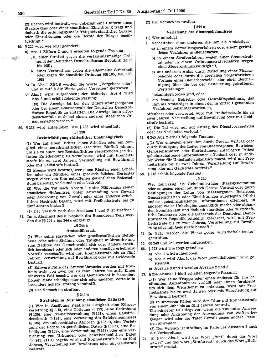 Gesetzblatt (GBl.) der Deutschen Demokratischen Republik (DDR) Teil Ⅰ 1990, Seite 536 (GBl. DDR Ⅰ 1990, S. 536)