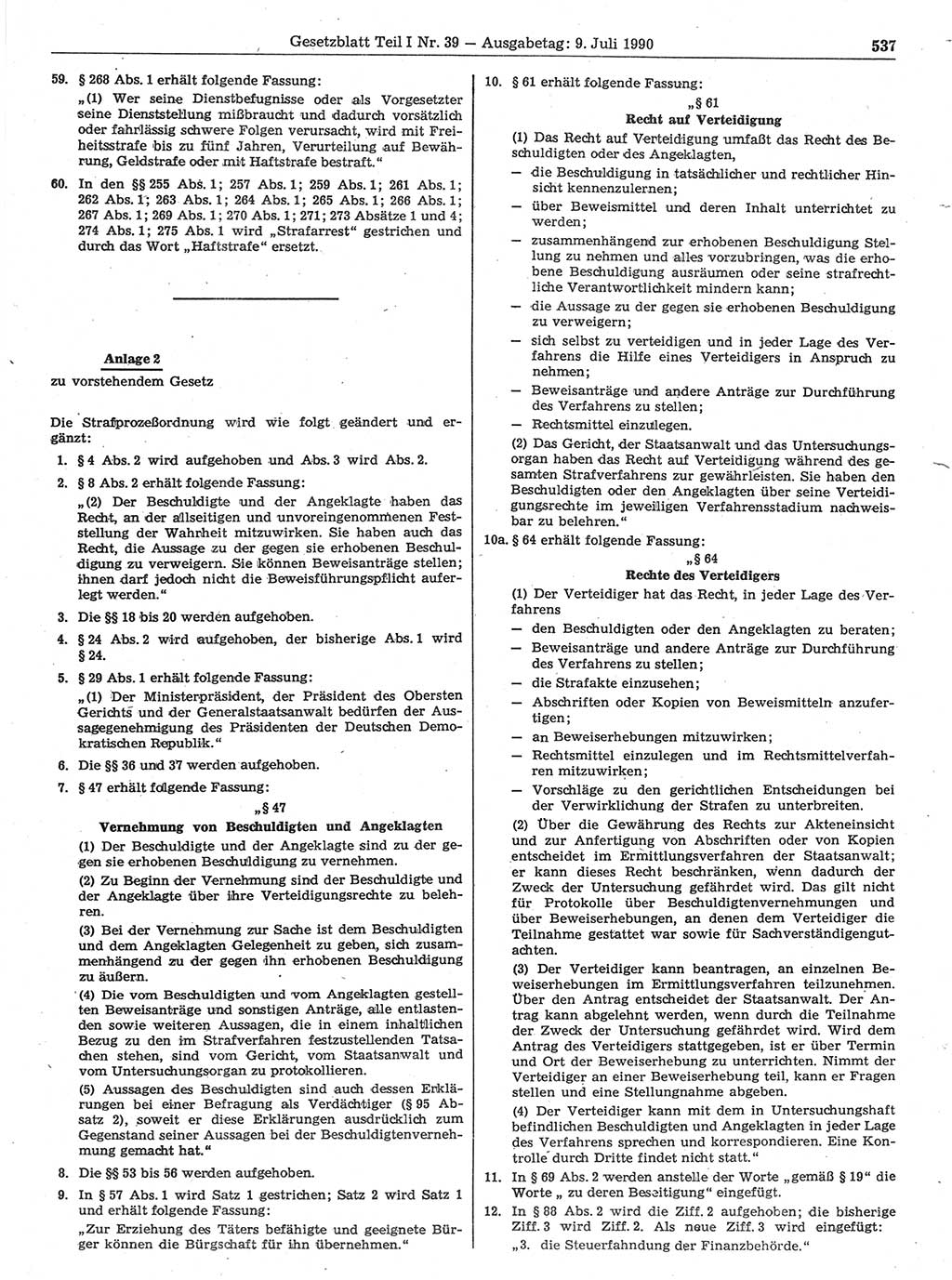 Gesetzblatt (GBl.) der Deutschen Demokratischen Republik (DDR) Teil Ⅰ 1990, Seite 537 (GBl. DDR Ⅰ 1990, S. 537)