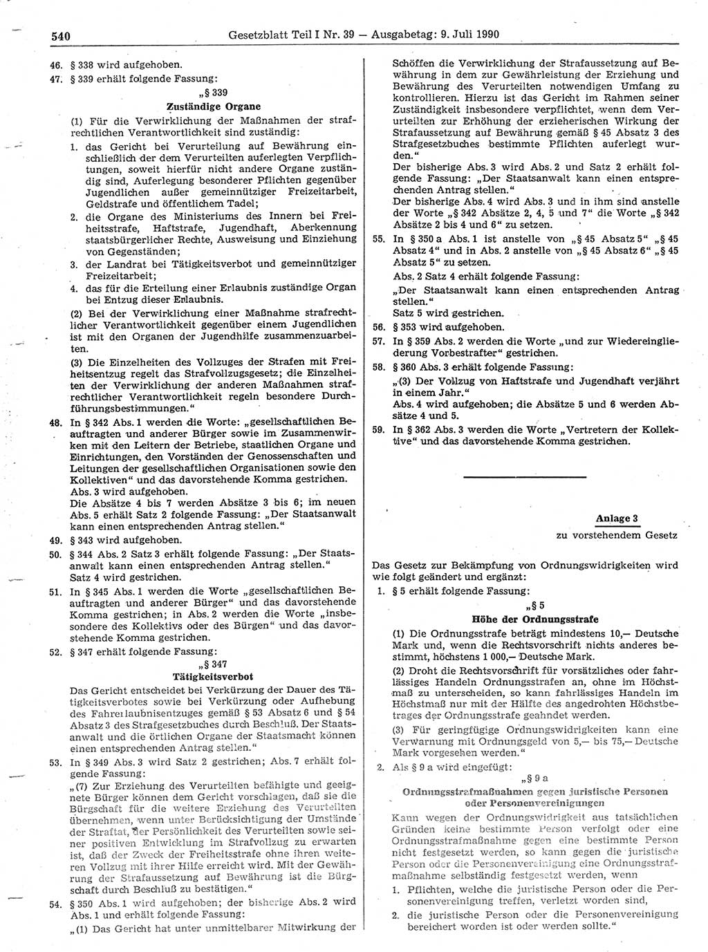 Gesetzblatt (GBl.) der Deutschen Demokratischen Republik (DDR) Teil Ⅰ 1990, Seite 540 (GBl. DDR Ⅰ 1990, S. 540)