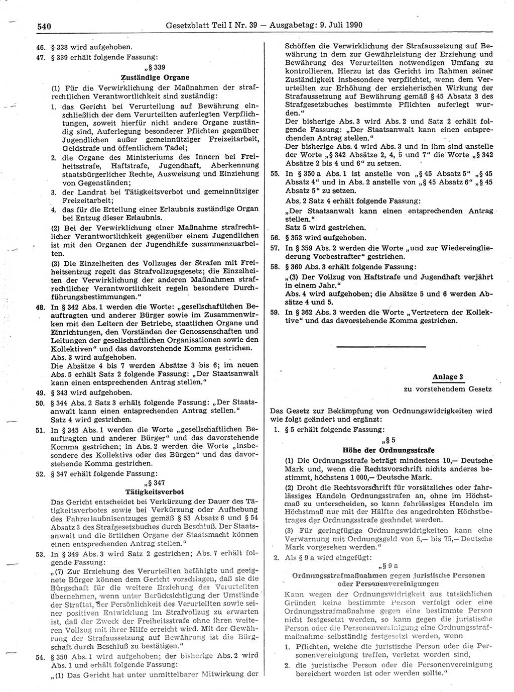 Gesetzblatt (GBl.) der Deutschen Demokratischen Republik (DDR) Teil Ⅰ 1990, Seite 540 (GBl. DDR Ⅰ 1990, S. 540)