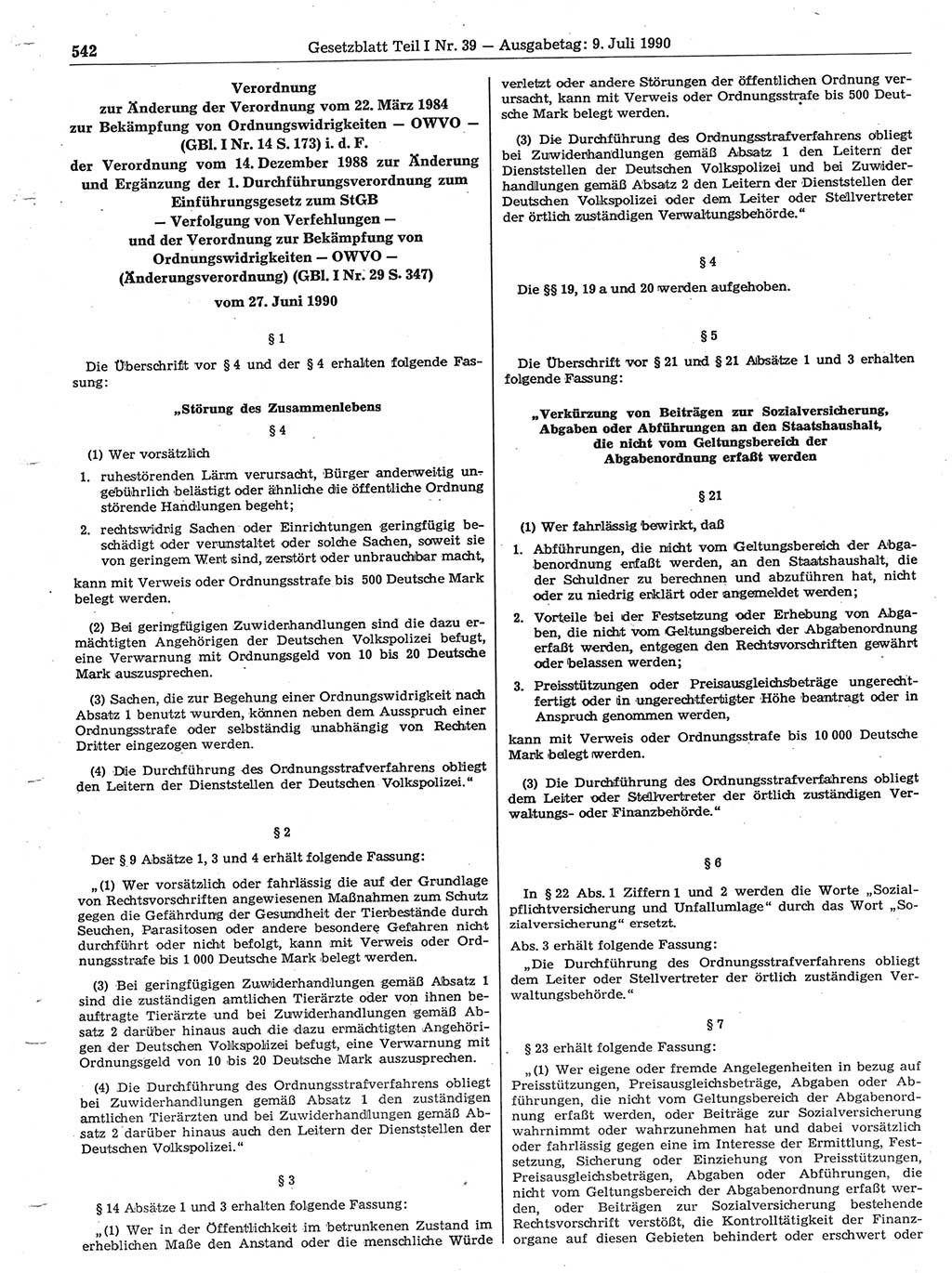 Gesetzblatt (GBl.) der Deutschen Demokratischen Republik (DDR) Teil Ⅰ 1990, Seite 542 (GBl. DDR Ⅰ 1990, S. 542)