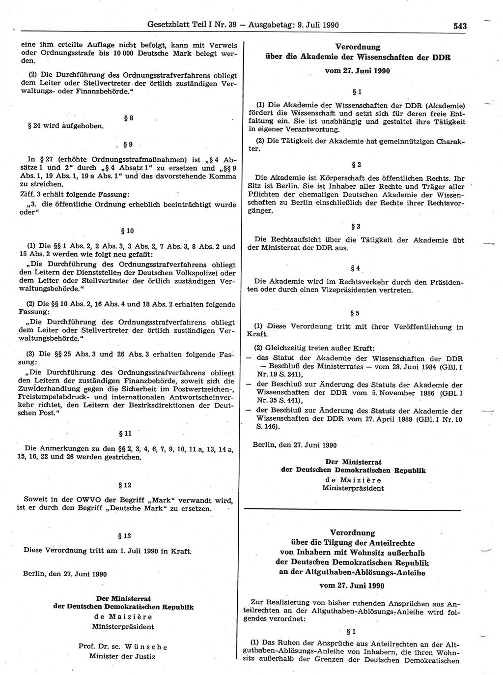 Gesetzblatt (GBl.) der Deutschen Demokratischen Republik (DDR) Teil Ⅰ 1990, Seite 543 (GBl. DDR Ⅰ 1990, S. 543)