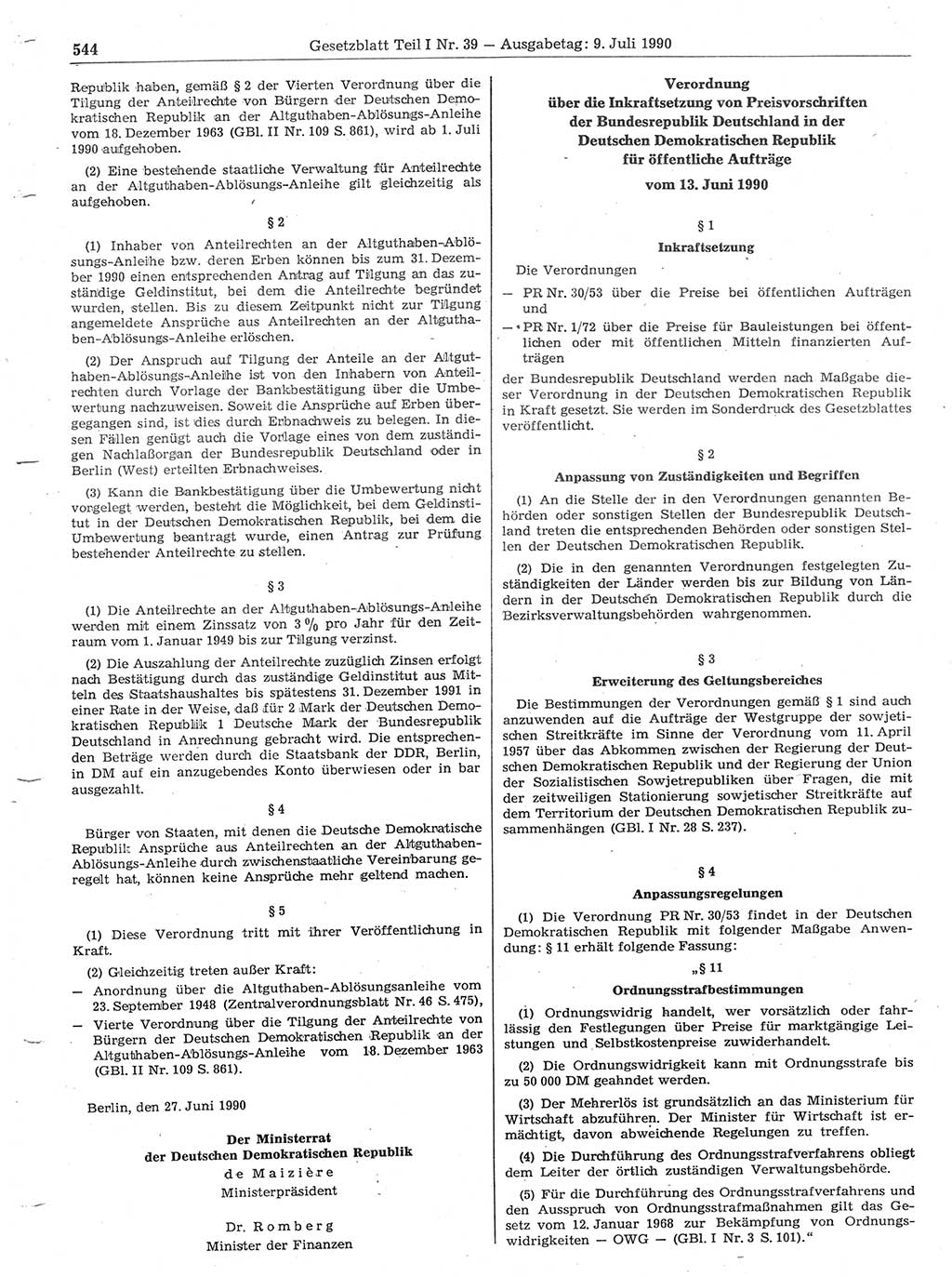 Gesetzblatt (GBl.) der Deutschen Demokratischen Republik (DDR) Teil Ⅰ 1990, Seite 544 (GBl. DDR Ⅰ 1990, S. 544)