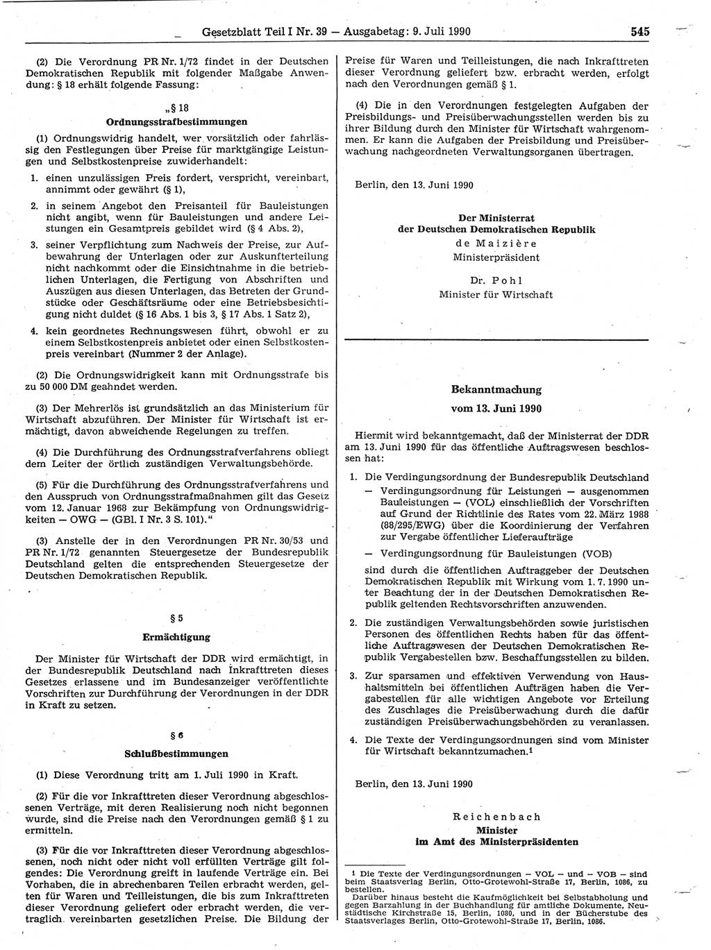 Gesetzblatt (GBl.) der Deutschen Demokratischen Republik (DDR) Teil Ⅰ 1990, Seite 545 (GBl. DDR Ⅰ 1990, S. 545)