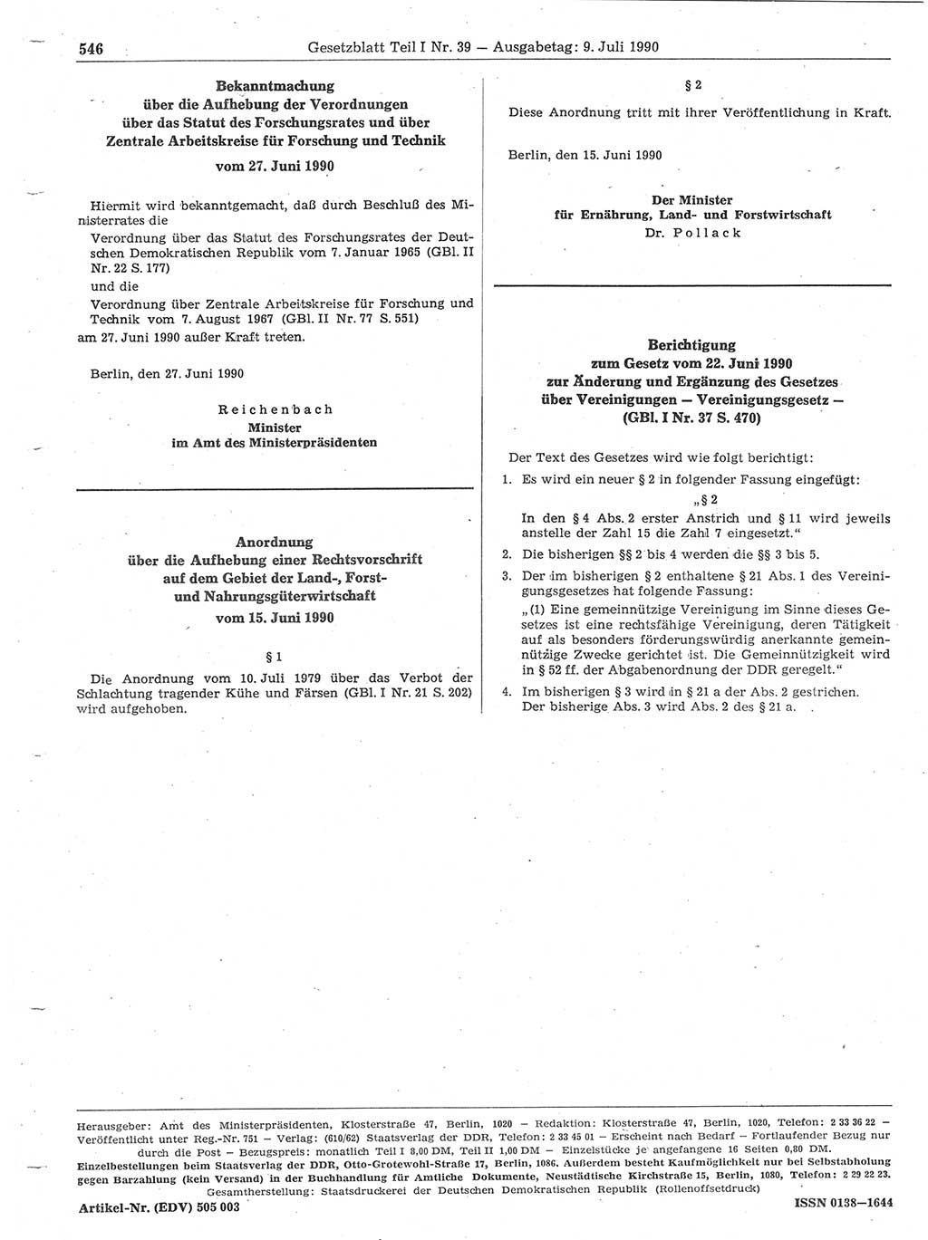 Gesetzblatt (GBl.) der Deutschen Demokratischen Republik (DDR) Teil Ⅰ 1990, Seite 546 (GBl. DDR Ⅰ 1990, S. 546)