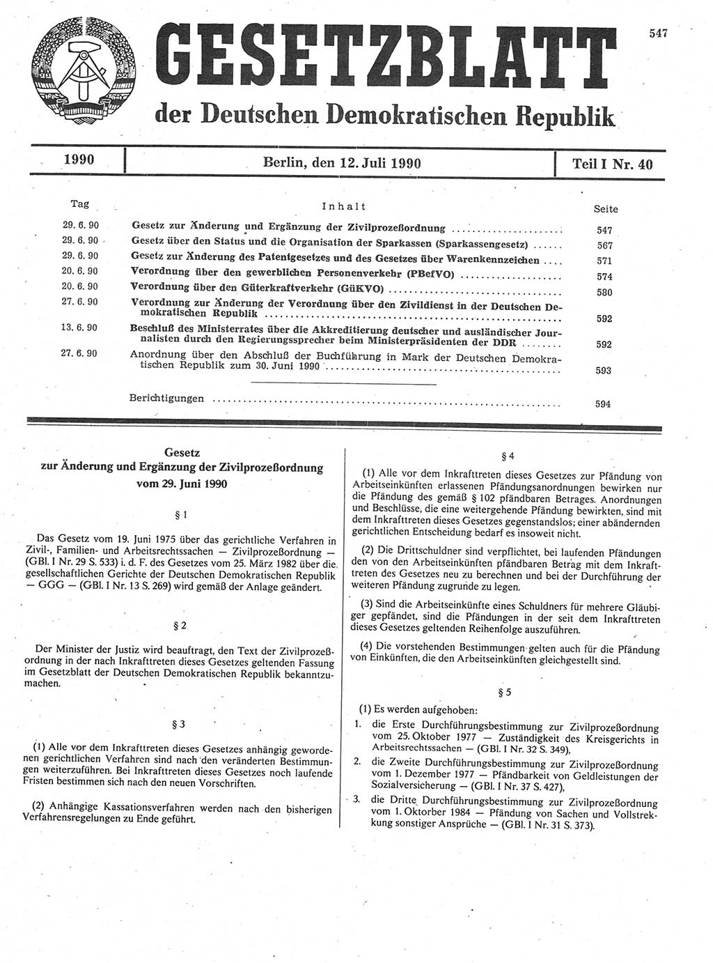 Gesetzblatt (GBl.) der Deutschen Demokratischen Republik (DDR) Teil Ⅰ 1990, Seite 547 (GBl. DDR Ⅰ 1990, S. 547)