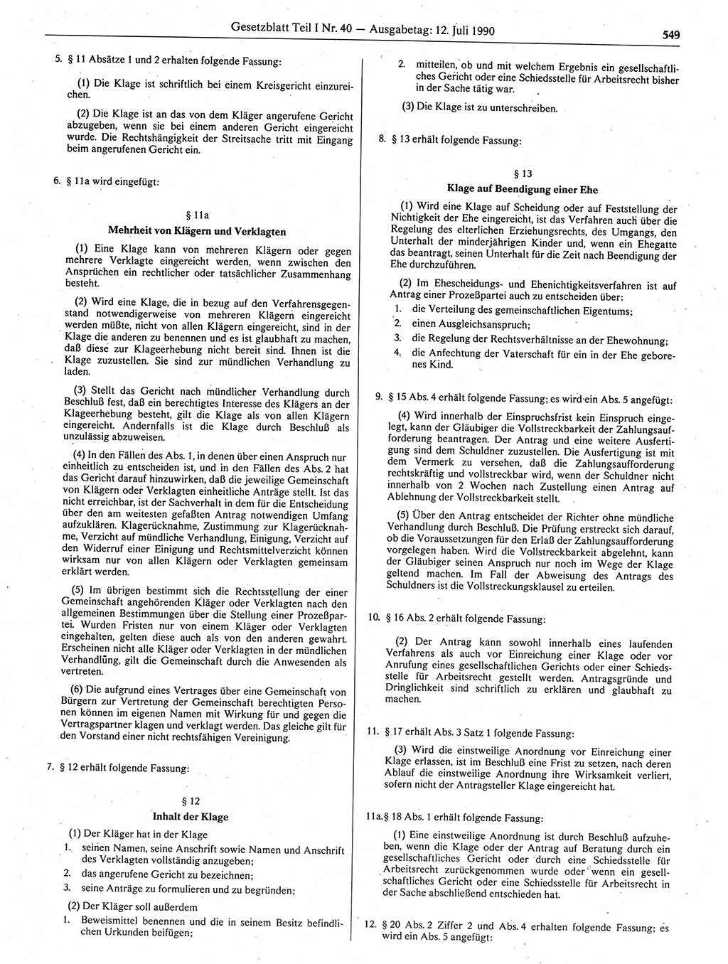 Gesetzblatt (GBl.) der Deutschen Demokratischen Republik (DDR) Teil Ⅰ 1990, Seite 549 (GBl. DDR Ⅰ 1990, S. 549)