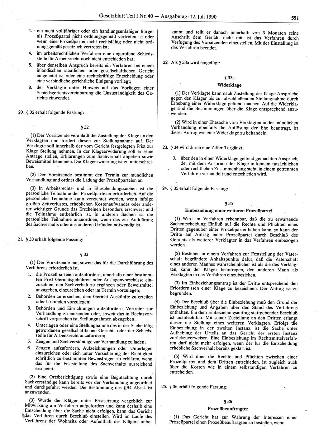 Gesetzblatt (GBl.) der Deutschen Demokratischen Republik (DDR) Teil Ⅰ 1990, Seite 551 (GBl. DDR Ⅰ 1990, S. 551)