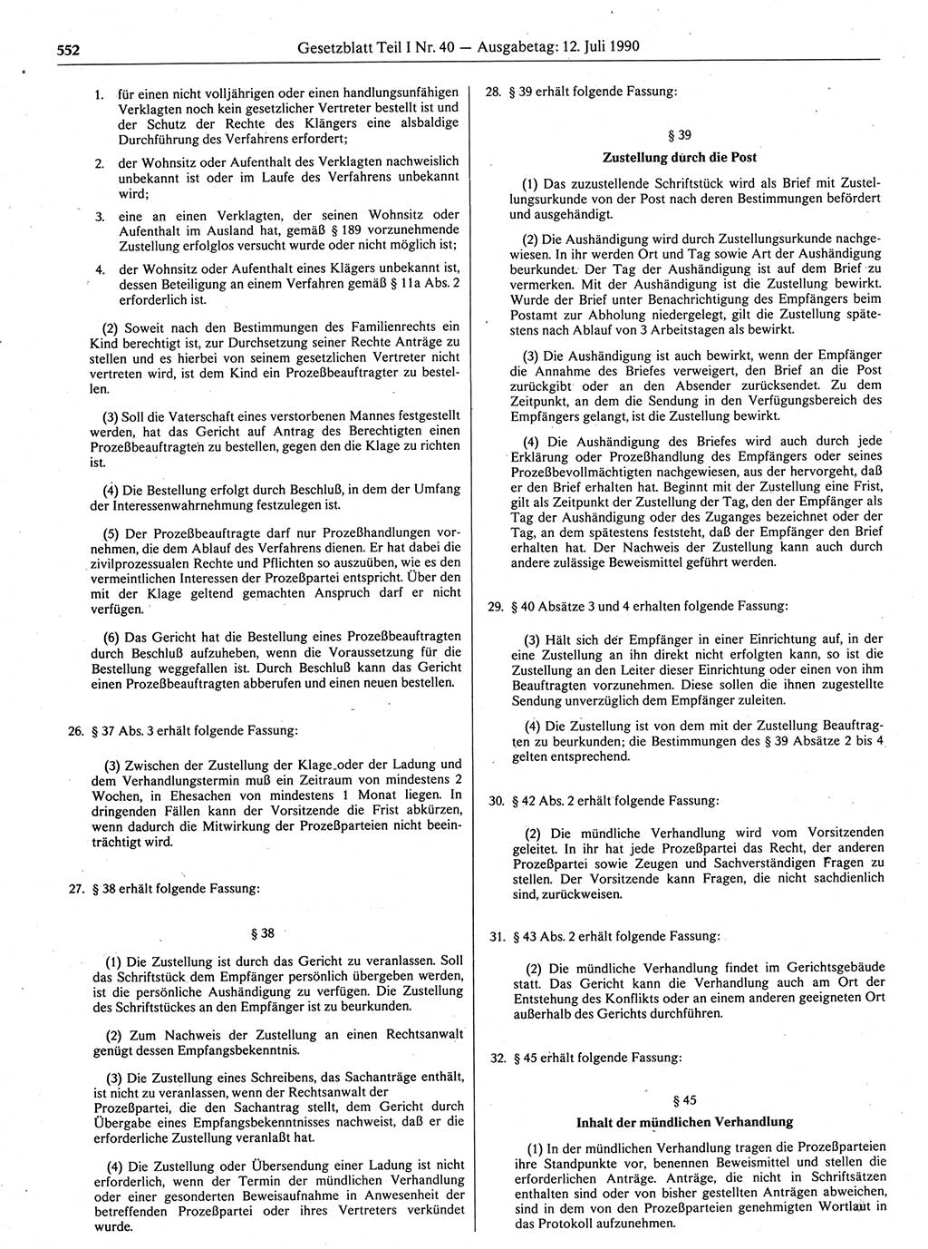 Gesetzblatt (GBl.) der Deutschen Demokratischen Republik (DDR) Teil Ⅰ 1990, Seite 552 (GBl. DDR Ⅰ 1990, S. 552)