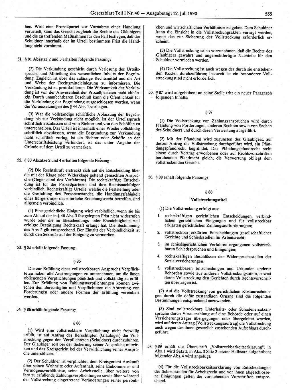 Gesetzblatt (GBl.) der Deutschen Demokratischen Republik (DDR) Teil Ⅰ 1990, Seite 555 (GBl. DDR Ⅰ 1990, S. 555)