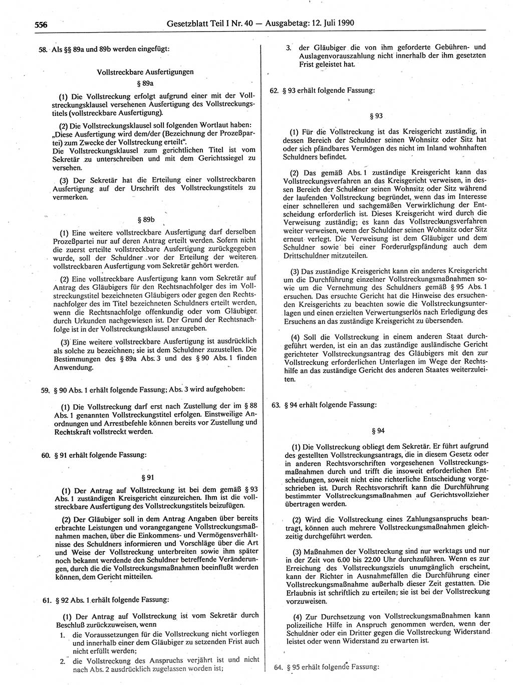 Gesetzblatt (GBl.) der Deutschen Demokratischen Republik (DDR) Teil Ⅰ 1990, Seite 556 (GBl. DDR Ⅰ 1990, S. 556)