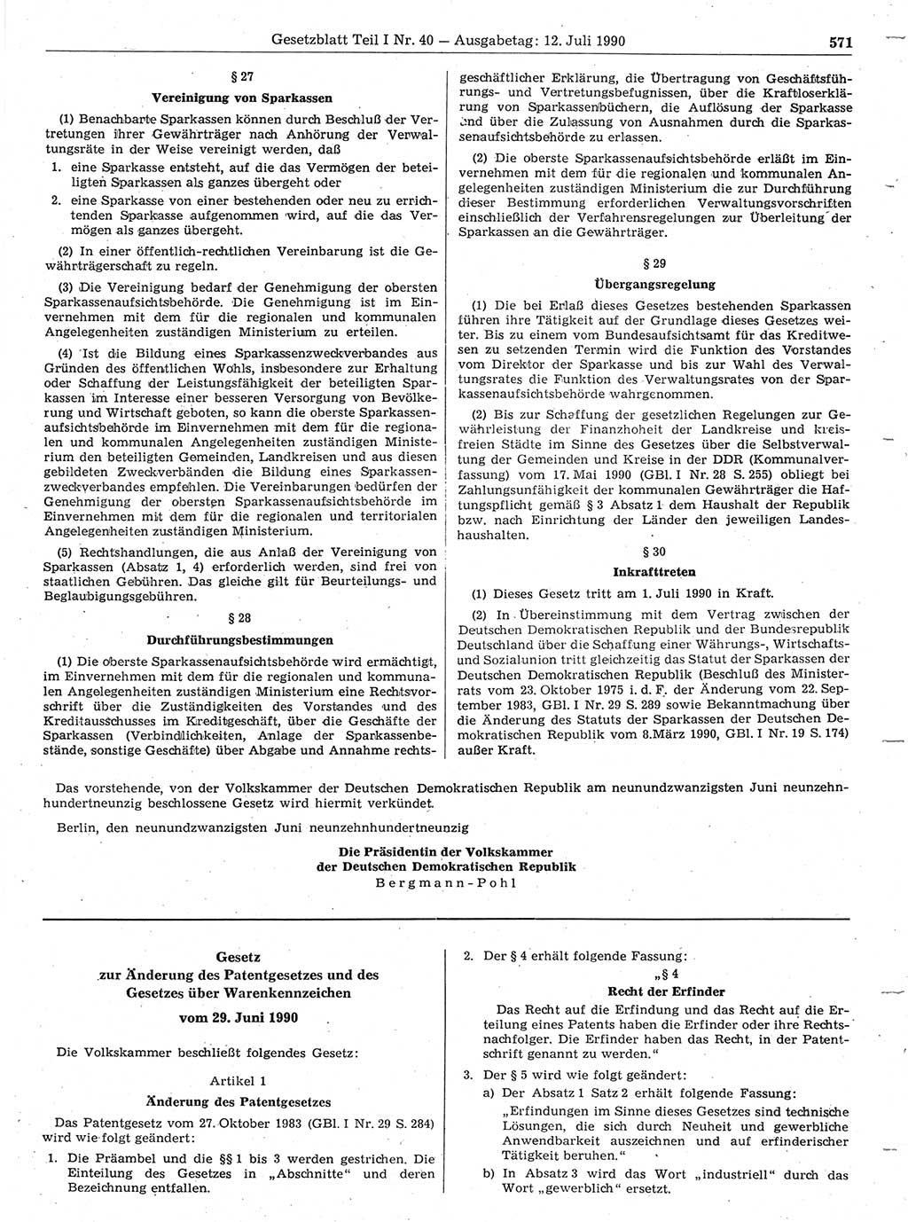 Gesetzblatt (GBl.) der Deutschen Demokratischen Republik (DDR) Teil Ⅰ 1990, Seite 571 (GBl. DDR Ⅰ 1990, S. 571)
