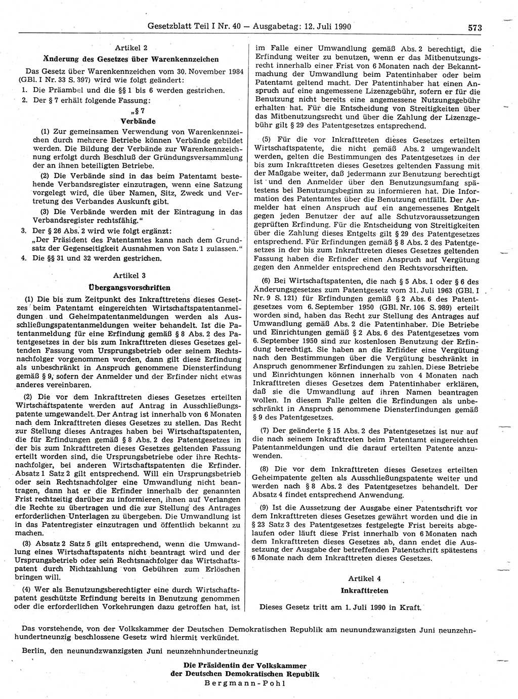 Gesetzblatt (GBl.) der Deutschen Demokratischen Republik (DDR) Teil Ⅰ 1990, Seite 573 (GBl. DDR Ⅰ 1990, S. 573)