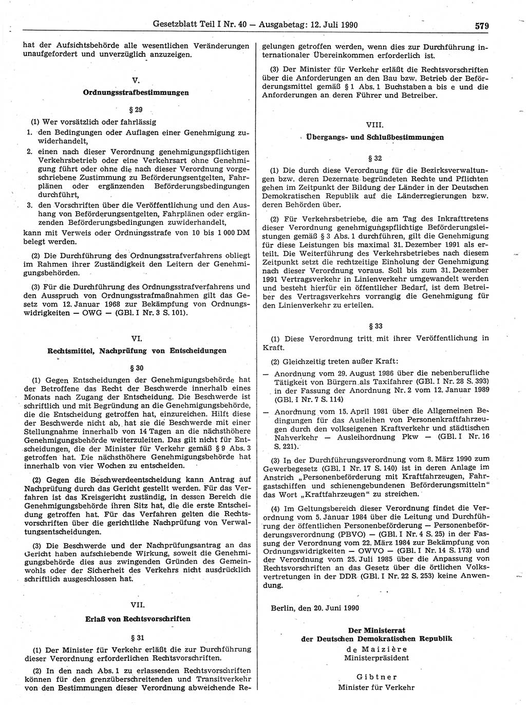Gesetzblatt (GBl.) der Deutschen Demokratischen Republik (DDR) Teil Ⅰ 1990, Seite 579 (GBl. DDR Ⅰ 1990, S. 579)