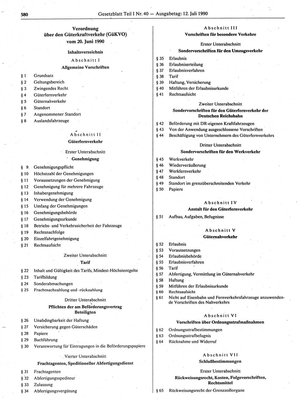 Gesetzblatt (GBl.) der Deutschen Demokratischen Republik (DDR) Teil Ⅰ 1990, Seite 580 (GBl. DDR Ⅰ 1990, S. 580)