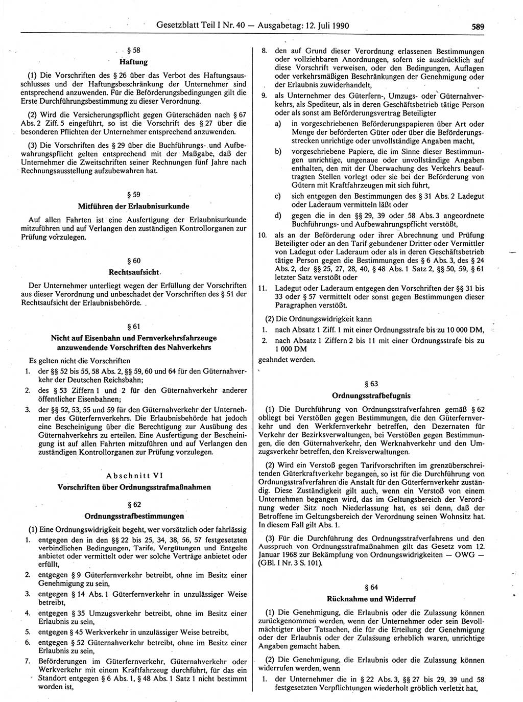 Gesetzblatt (GBl.) der Deutschen Demokratischen Republik (DDR) Teil Ⅰ 1990, Seite 589 (GBl. DDR Ⅰ 1990, S. 589)