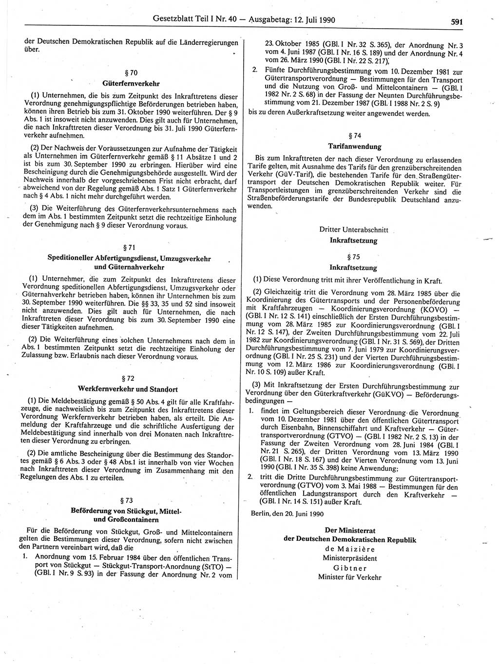 Gesetzblatt (GBl.) der Deutschen Demokratischen Republik (DDR) Teil Ⅰ 1990, Seite 591 (GBl. DDR Ⅰ 1990, S. 591)