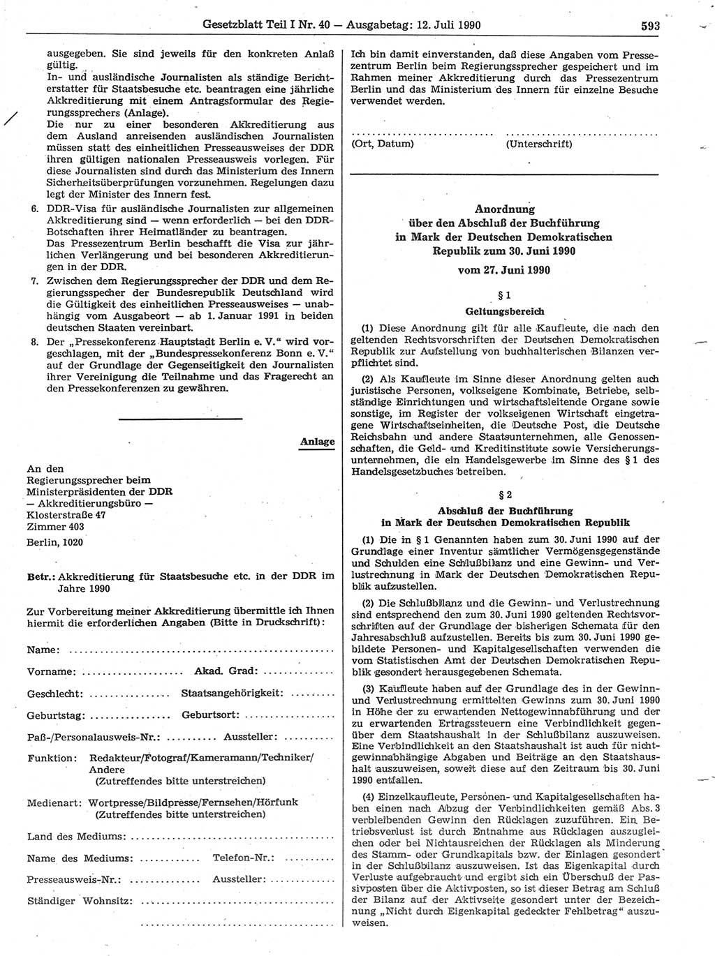Gesetzblatt (GBl.) der Deutschen Demokratischen Republik (DDR) Teil Ⅰ 1990, Seite 593 (GBl. DDR Ⅰ 1990, S. 593)