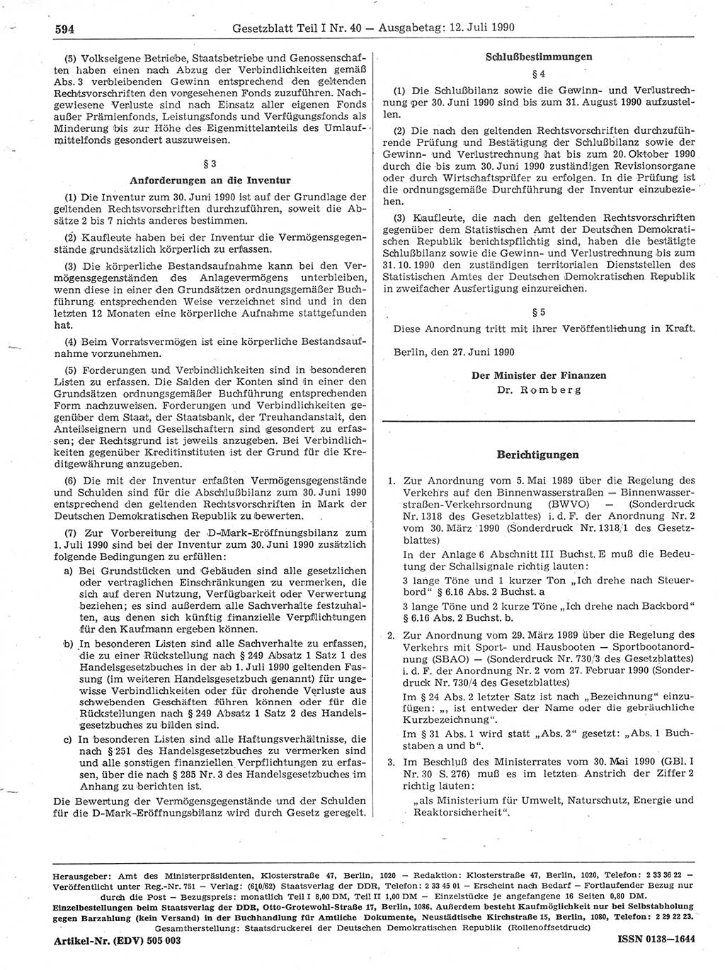 Gesetzblatt (GBl.) der Deutschen Demokratischen Republik (DDR) Teil Ⅰ 1990, Seite 594 (GBl. DDR Ⅰ 1990, S. 594)