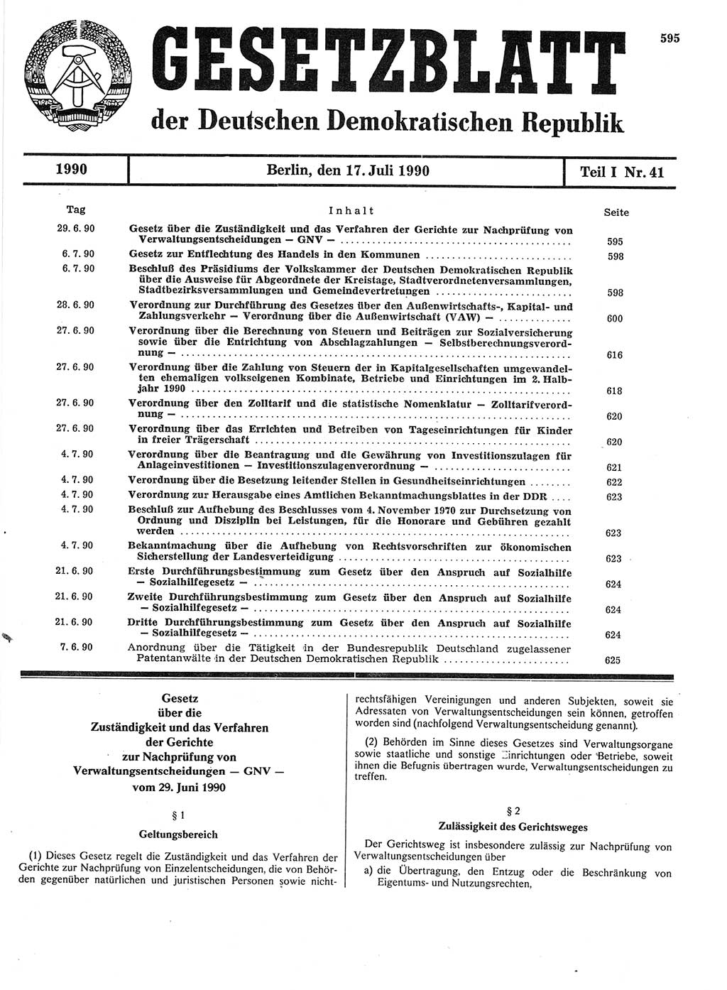 Gesetzblatt (GBl.) der Deutschen Demokratischen Republik (DDR) Teil Ⅰ 1990, Seite 595 (GBl. DDR Ⅰ 1990, S. 595)