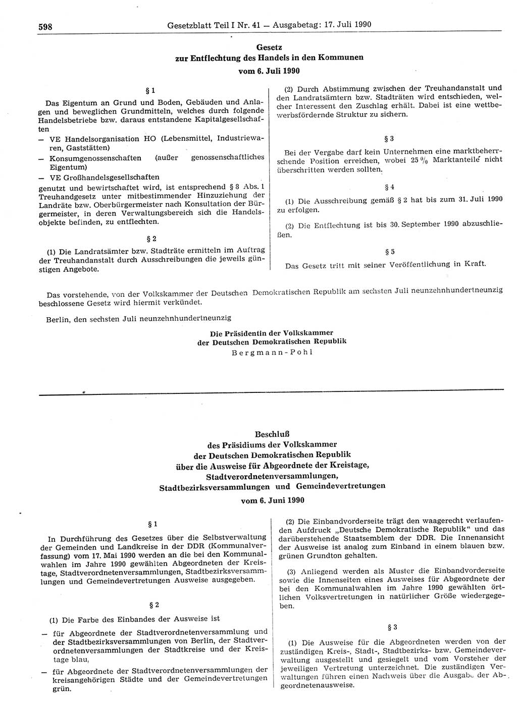 Gesetzblatt (GBl.) der Deutschen Demokratischen Republik (DDR) Teil Ⅰ 1990, Seite 598 (GBl. DDR Ⅰ 1990, S. 598)