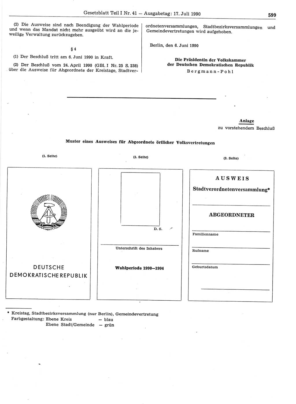 Gesetzblatt (GBl.) der Deutschen Demokratischen Republik (DDR) Teil Ⅰ 1990, Seite 599 (GBl. DDR Ⅰ 1990, S. 599)
