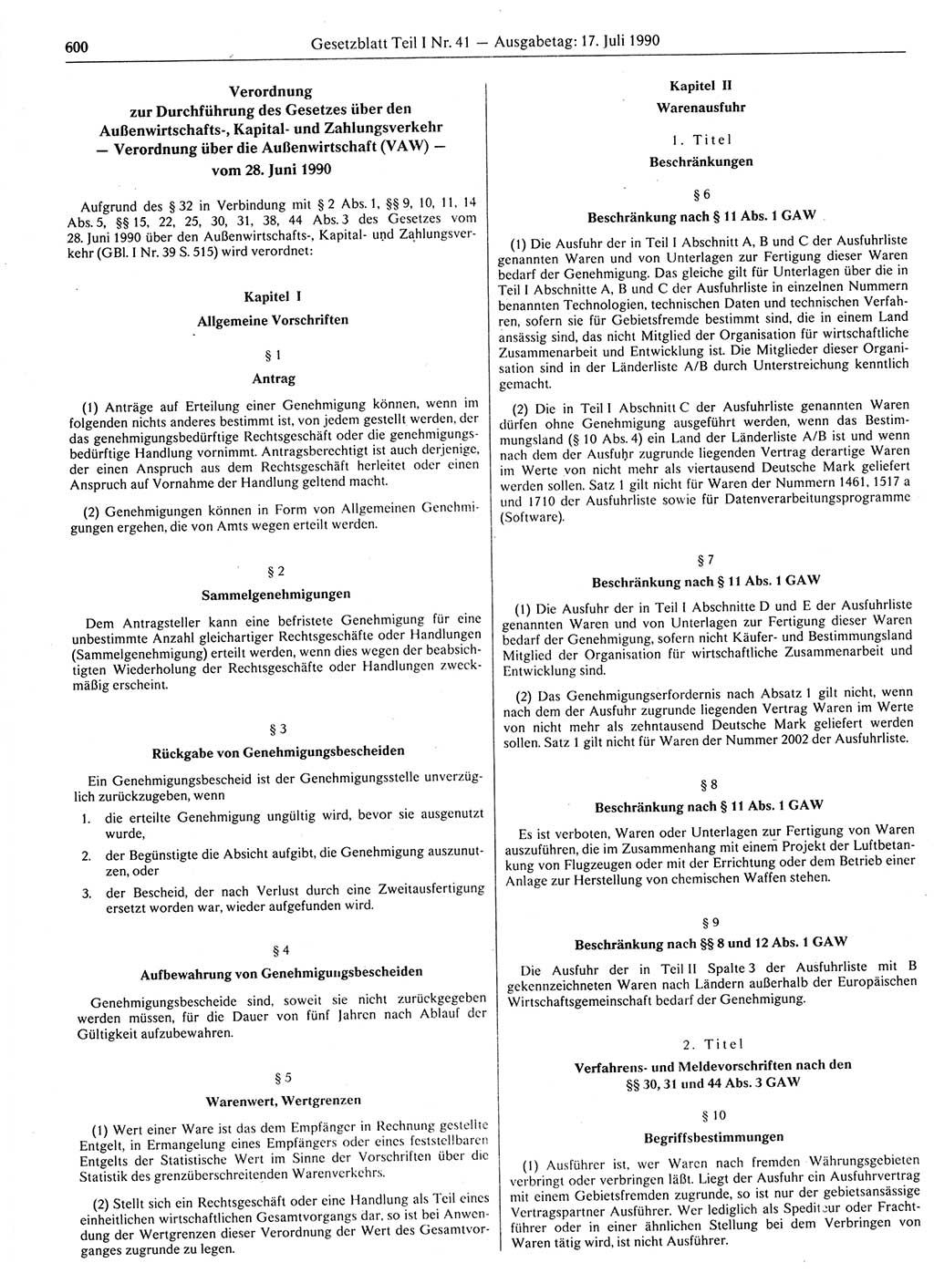 Gesetzblatt (GBl.) der Deutschen Demokratischen Republik (DDR) Teil Ⅰ 1990, Seite 600 (GBl. DDR Ⅰ 1990, S. 600)