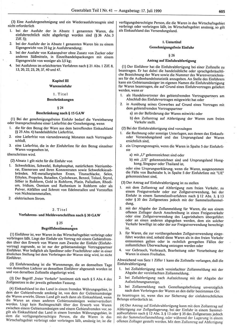 Gesetzblatt (GBl.) der Deutschen Demokratischen Republik (DDR) Teil Ⅰ 1990, Seite 605 (GBl. DDR Ⅰ 1990, S. 605)