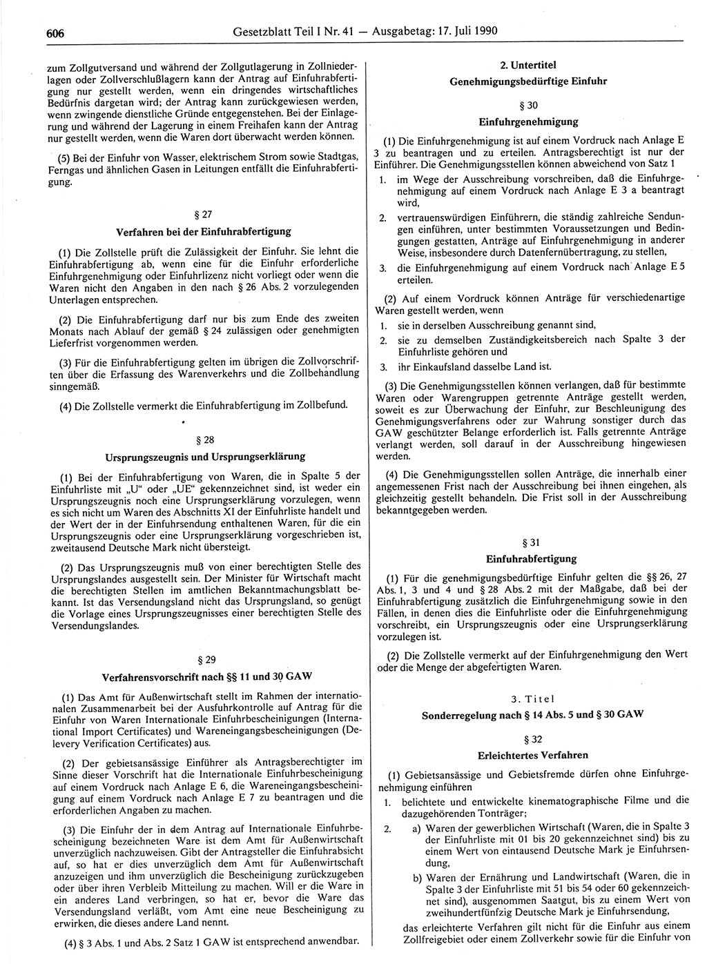 Gesetzblatt (GBl.) der Deutschen Demokratischen Republik (DDR) Teil Ⅰ 1990, Seite 606 (GBl. DDR Ⅰ 1990, S. 606)