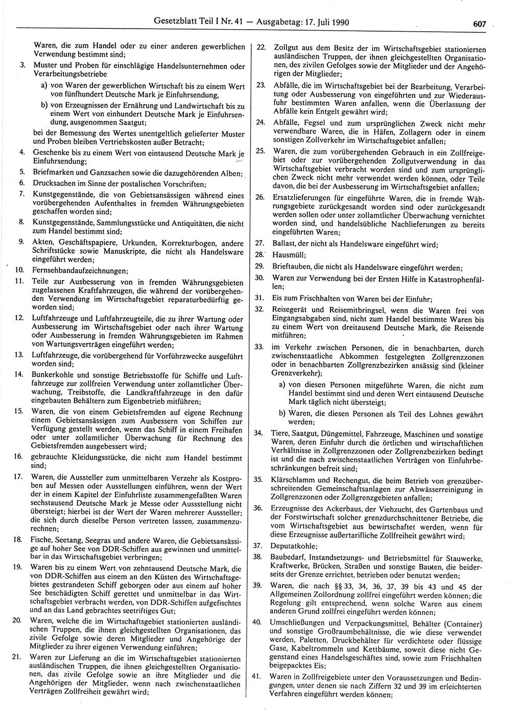 Gesetzblatt (GBl.) der Deutschen Demokratischen Republik (DDR) Teil Ⅰ 1990, Seite 607 (GBl. DDR Ⅰ 1990, S. 607)