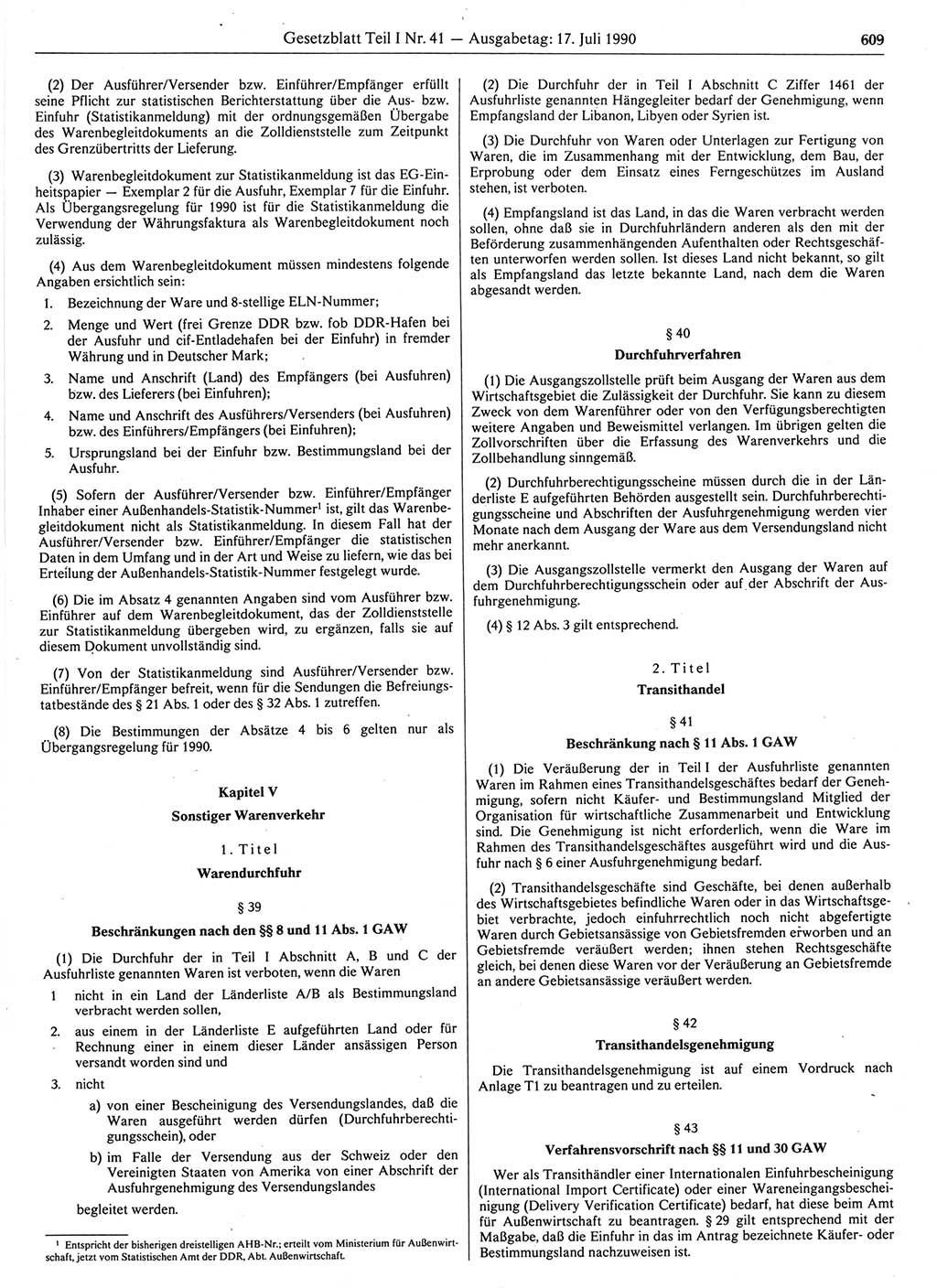Gesetzblatt (GBl.) der Deutschen Demokratischen Republik (DDR) Teil Ⅰ 1990, Seite 609 (GBl. DDR Ⅰ 1990, S. 609)