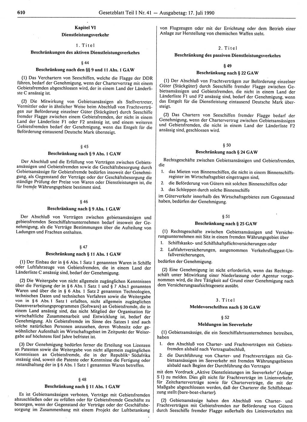 Gesetzblatt (GBl.) der Deutschen Demokratischen Republik (DDR) Teil Ⅰ 1990, Seite 610 (GBl. DDR Ⅰ 1990, S. 610)