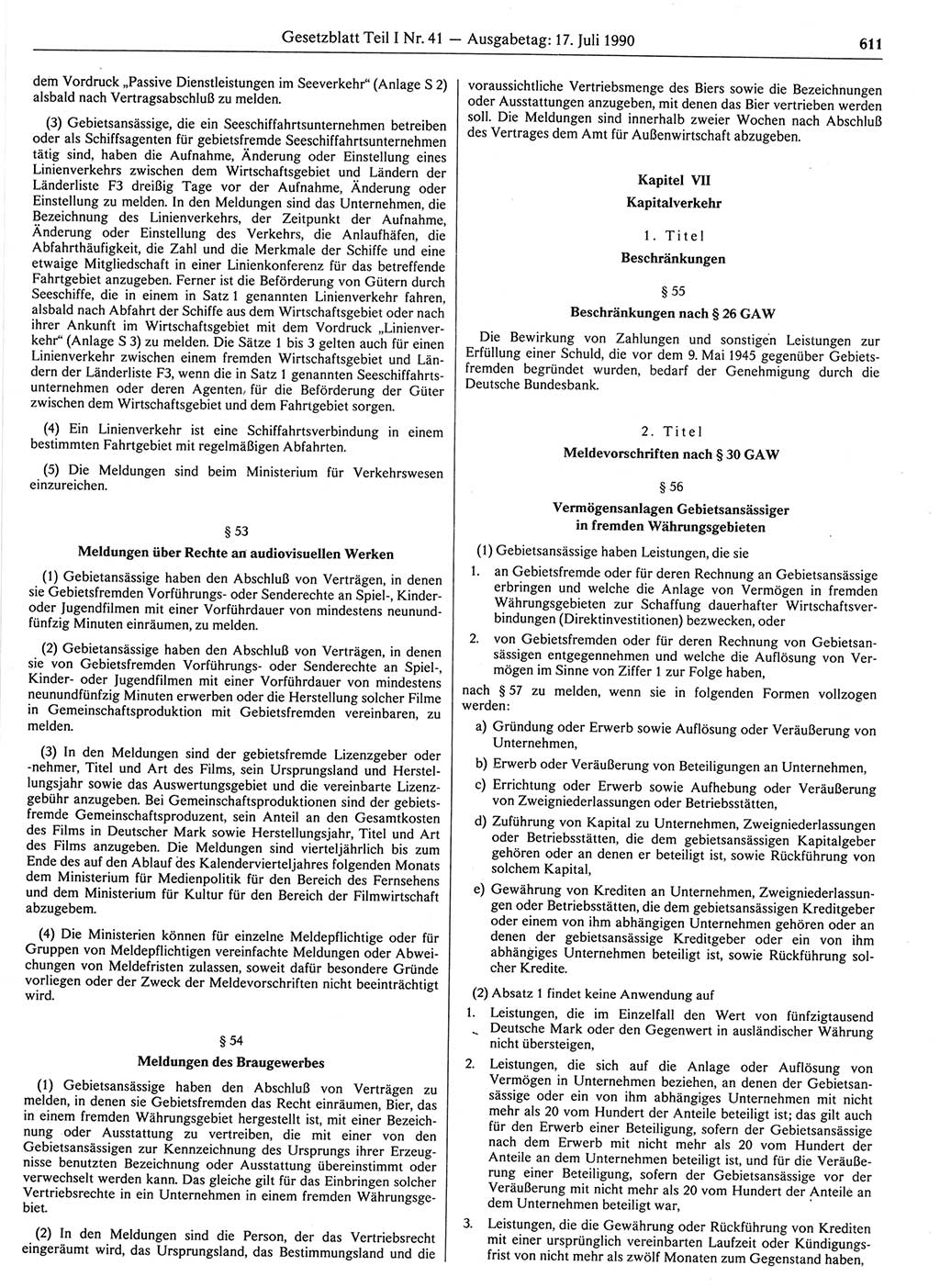 Gesetzblatt (GBl.) der Deutschen Demokratischen Republik (DDR) Teil Ⅰ 1990, Seite 611 (GBl. DDR Ⅰ 1990, S. 611)