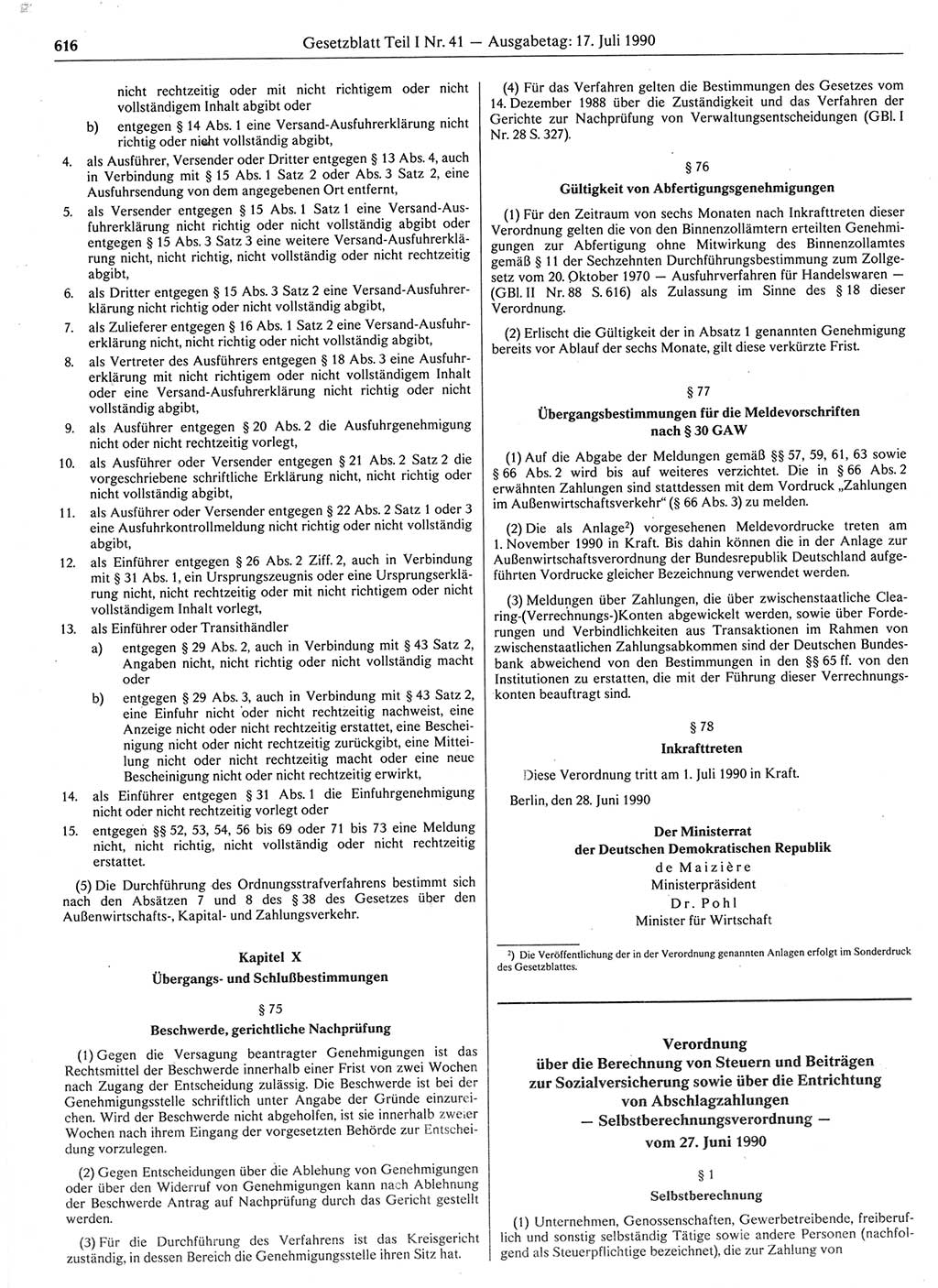 Gesetzblatt (GBl.) der Deutschen Demokratischen Republik (DDR) Teil Ⅰ 1990, Seite 616 (GBl. DDR Ⅰ 1990, S. 616)