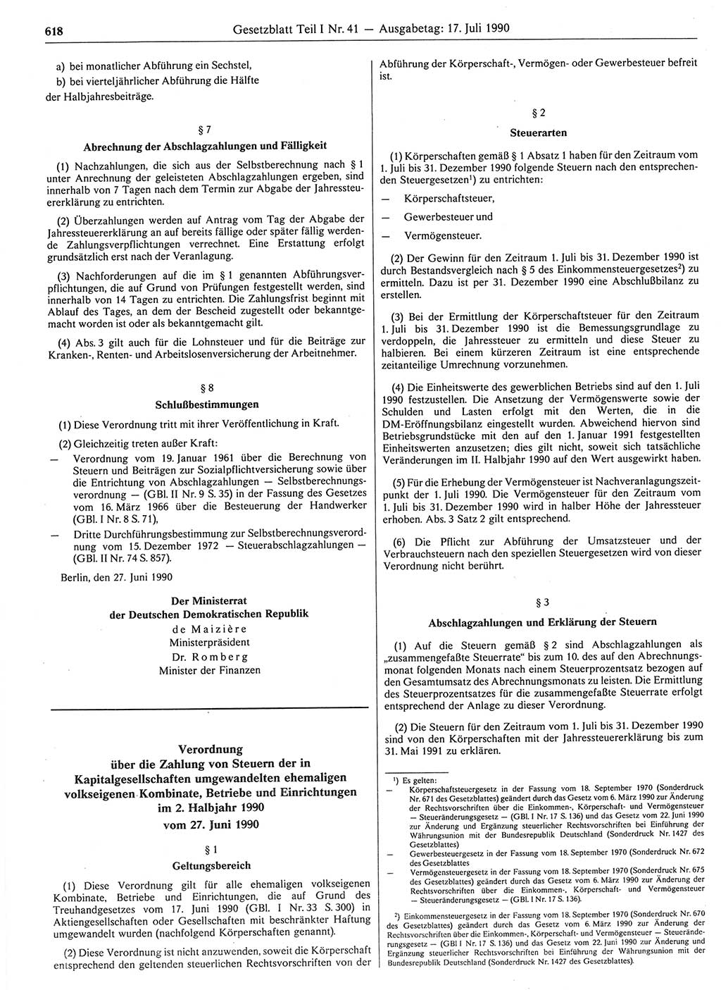 Gesetzblatt (GBl.) der Deutschen Demokratischen Republik (DDR) Teil Ⅰ 1990, Seite 618 (GBl. DDR Ⅰ 1990, S. 618)