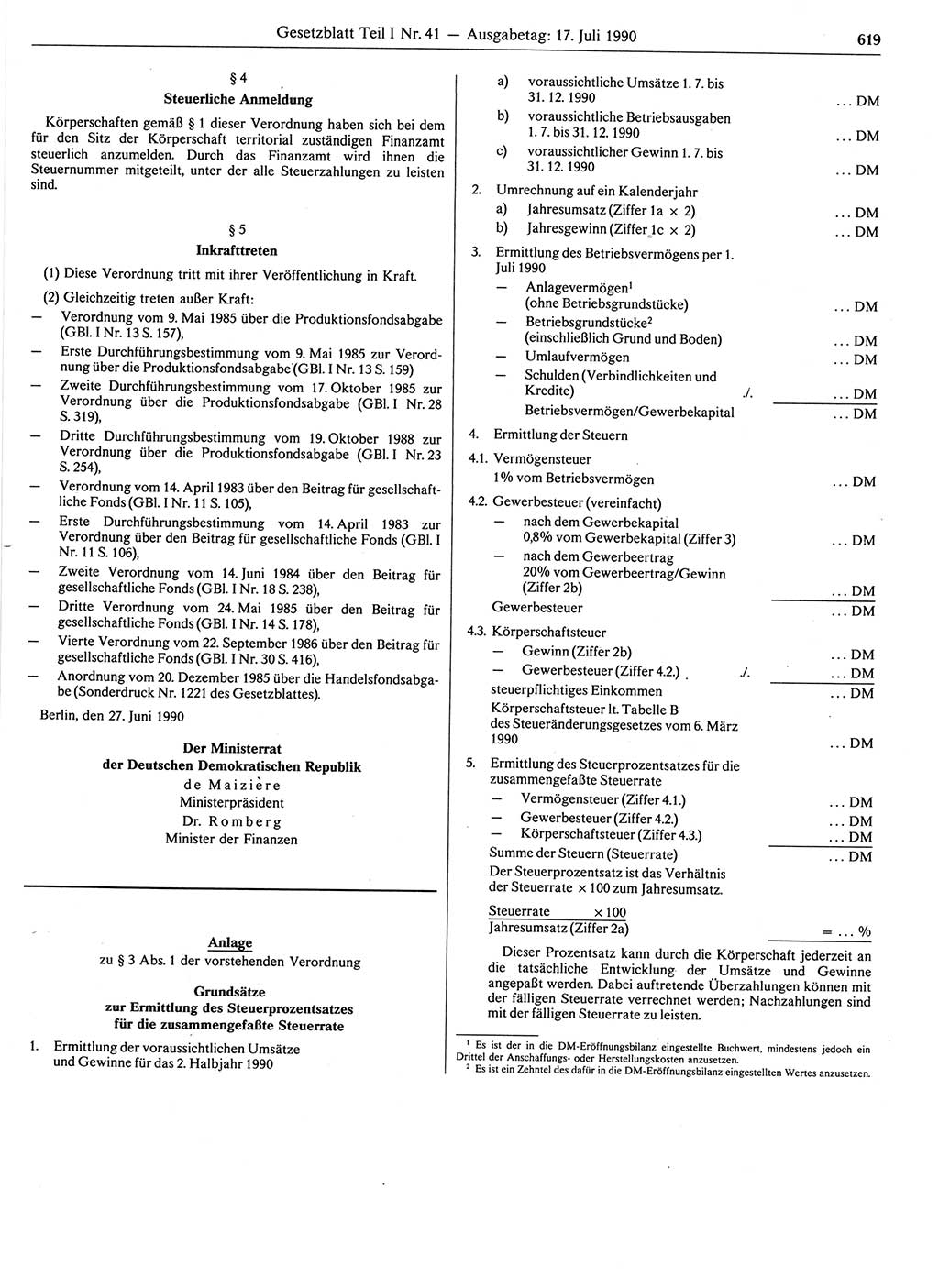 Gesetzblatt (GBl.) der Deutschen Demokratischen Republik (DDR) Teil Ⅰ 1990, Seite 619 (GBl. DDR Ⅰ 1990, S. 619)